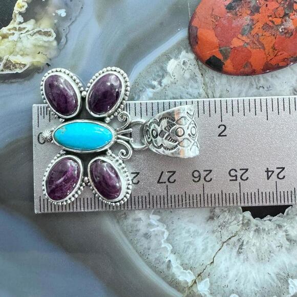 Native American Sterling Turquoise & Spiny Oyster Butterfly Pendant For Women - Picture 10 of 10